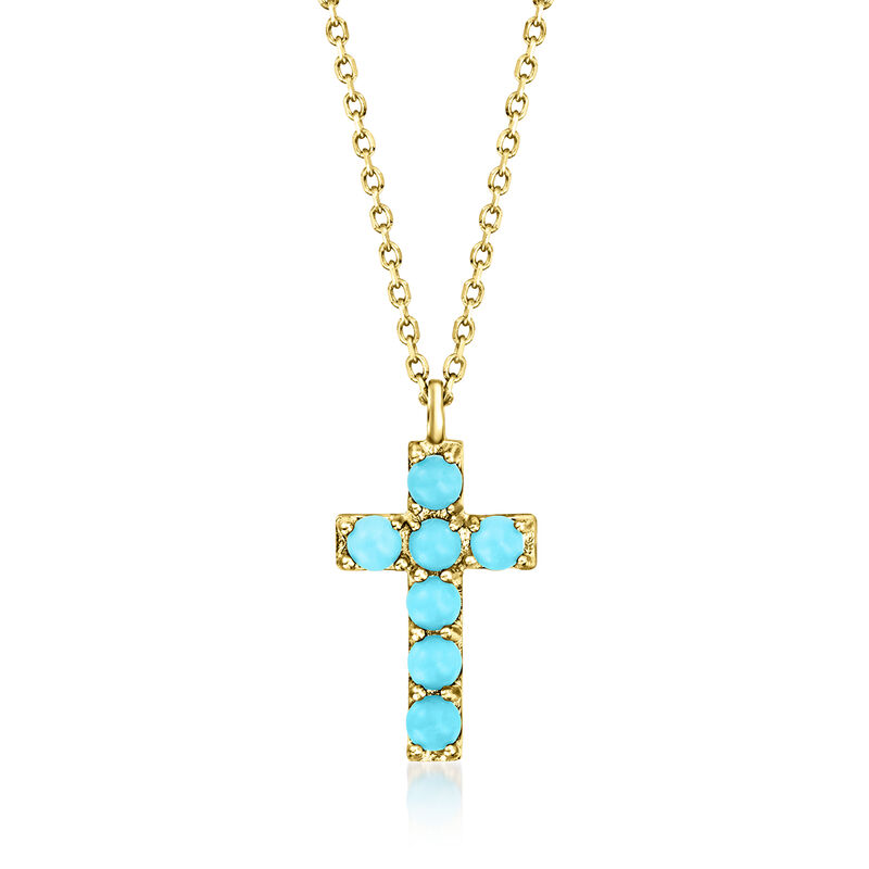 2mm Turquoise Cross Pendant Necklace in 14kt Yellow Gold. 16&quot; image number 1