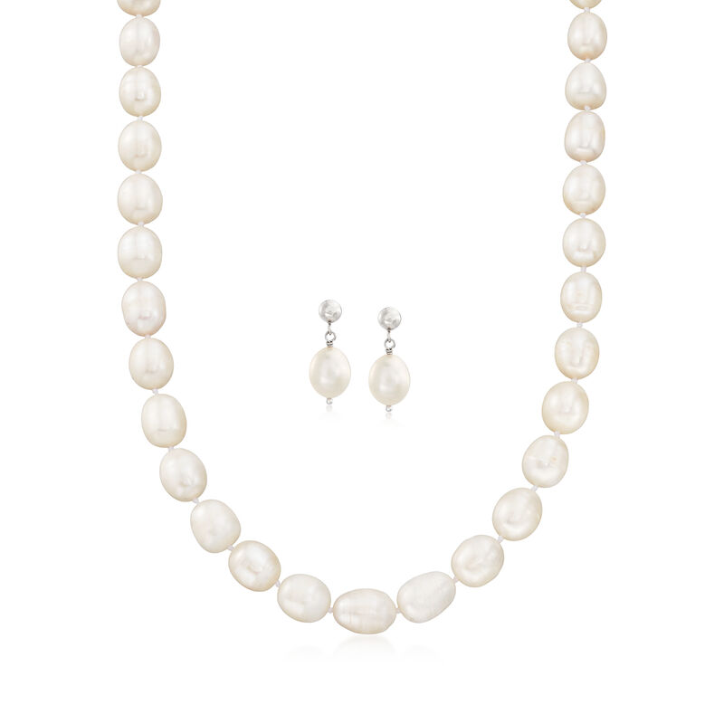 8.5-9.5mm Cultured Pearl Jewelry Set: Necklace and Drop Earrings in Sterling Silver image number 0
