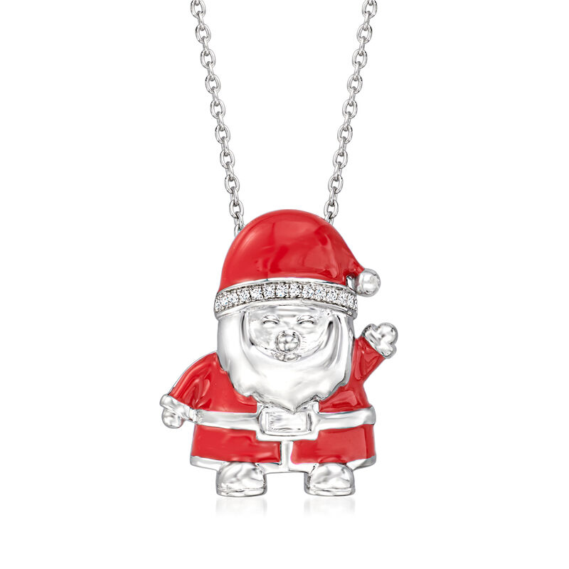 Red Enamel Santa Pendant Necklace with Diamond Accents in Sterling Silver image number 0