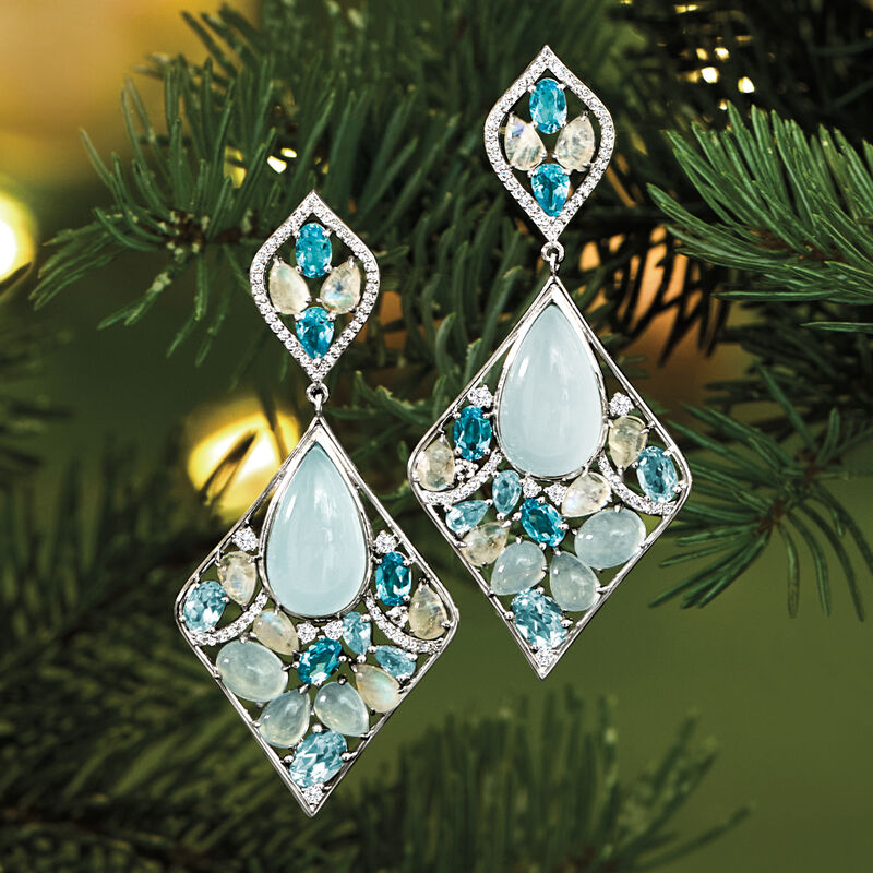 Blue Chalcedony, Moonstone and 16.60 ct. t.w. Multi-Gemstone Drop Earrings in Sterling Silver image number 2