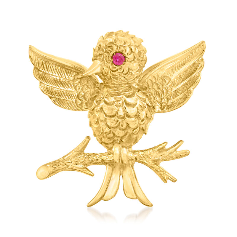 C. 1970 Vintage Tiffany Jewelry 18kt Yellow Gold Bird on Branch Pin with Ruby Accent image number 0