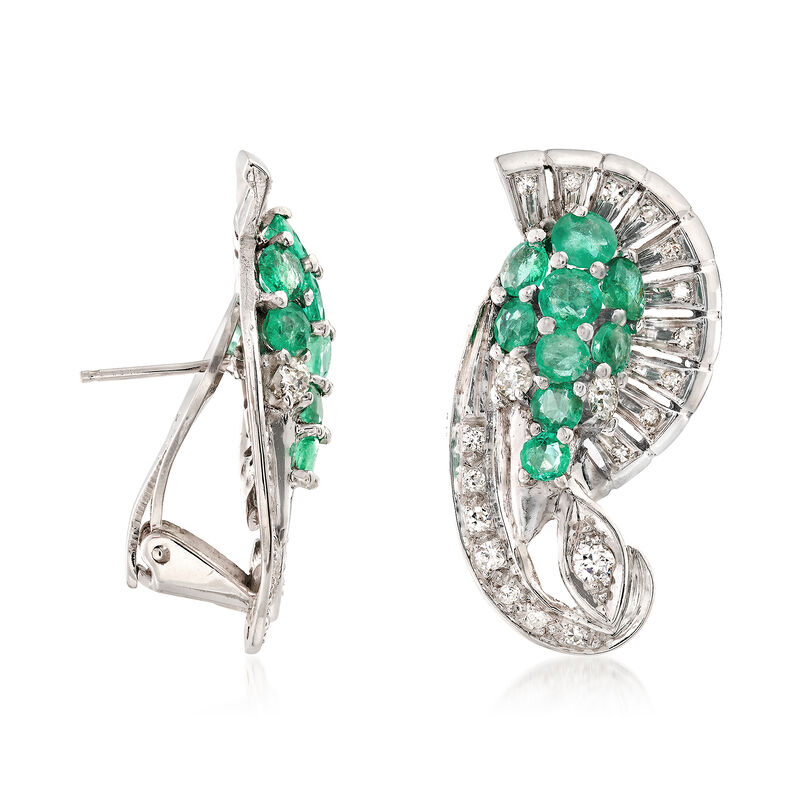 C. 1960 Vintage 2.25 ct. t.w. Emerald and 1.00 ct. t.w. Diamond Earrings in Platinum image number 2