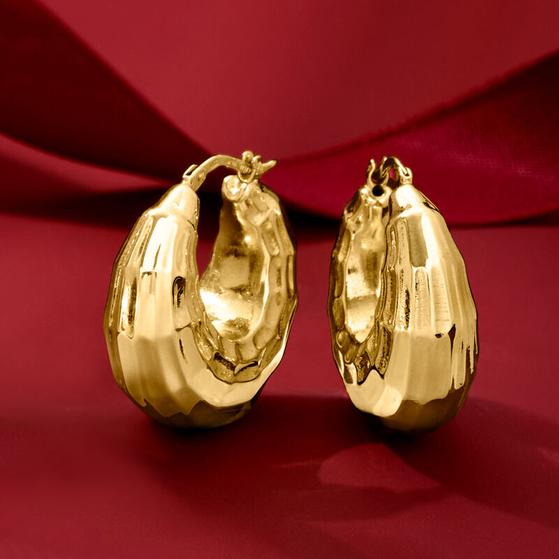 Italian 14kt Yellow Gold Rectangular Faceted Hoop Earrings. 1 1/8&quot; image number 3