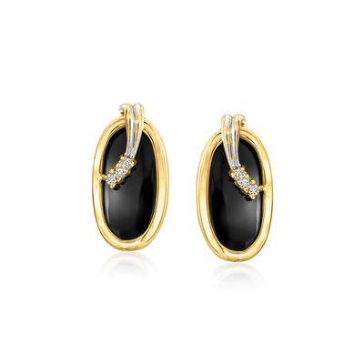 C. 1980 Vintage Onyx Earrings with Diamonds in 14kt Two-Tone Gold