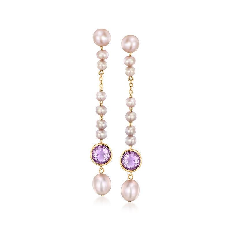 C. 2000 Vintage Mimi Milano Pink Cultured Pearl and 2.70 ct. t.w. Amethyst Drop Earrings in 18kt Yellow Gold  image number 0