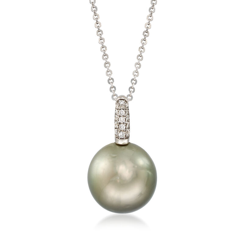13mm Black South Sea Pearl Necklace with Diamond Accents in 18kt White Gold. 16&quot; image number 0