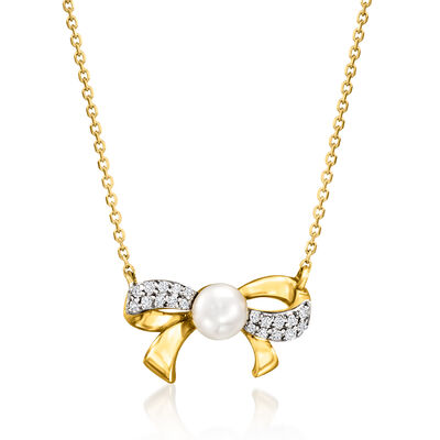 4-4.5mm Cultured Pearl Bow Necklace with Diamonds in 14kt Yellow Gold