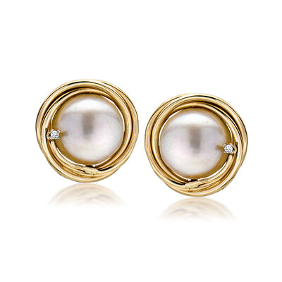 C. 1980 Vintage 11mm Cultured Pearl Earrings with Diamonds in 14kt Yellow Gold