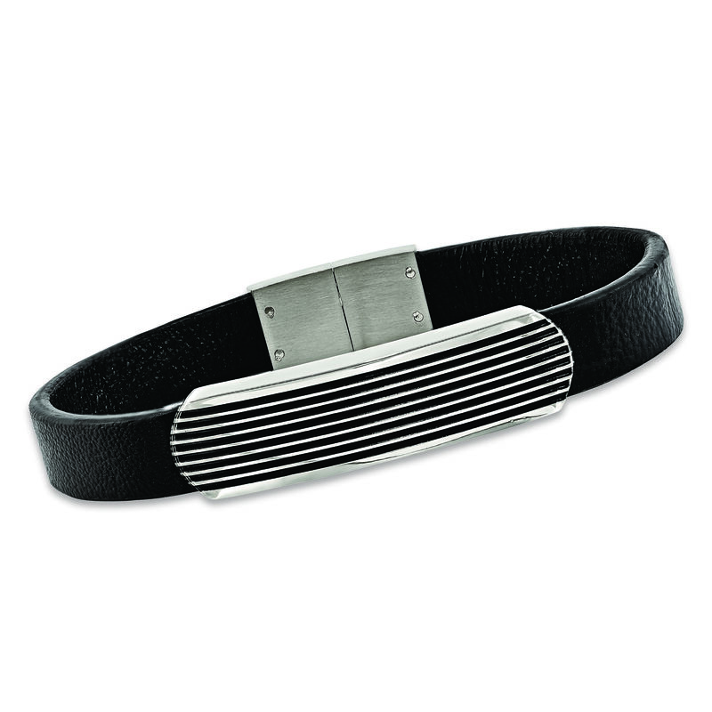 Men's Stainless Steel Bar Bracelet with Black Enamel and Leather image number 0