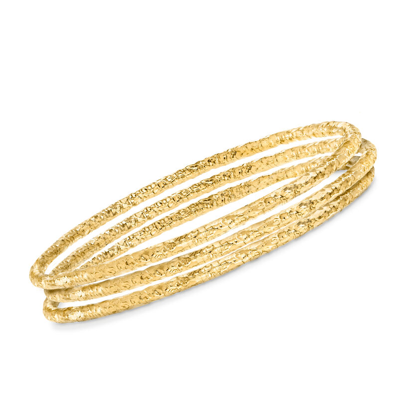 Italian 22kt Gold Over Sterling Jewelry Set: Three Hammered Bangle Bracelets. 8.5&quot; image number 0