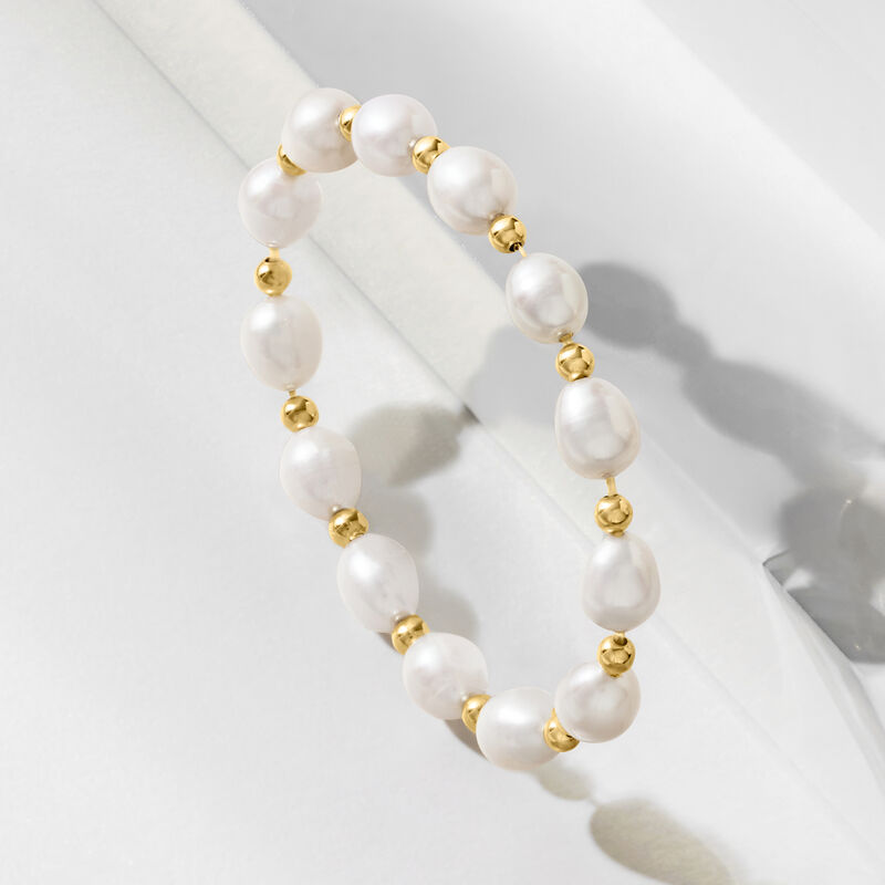 8-9mm Cultured Pearl and 14kt Yellow Gold Bead Stretch Bracelet image number 2