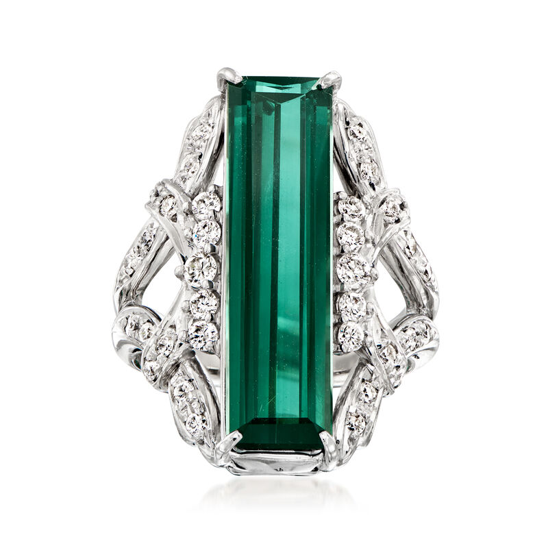 C. 2000 Vintage 6.85 Carat Green Tourmaline and .64 ct. t.w. Diamond Ring in Platinum image number 0