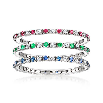 .51 ct. t.w. Multi-Gemstone and .39 ct. t.w. Diamond Jewelry Set: Three Gemstone Eternity Bands in 14kt White Gold