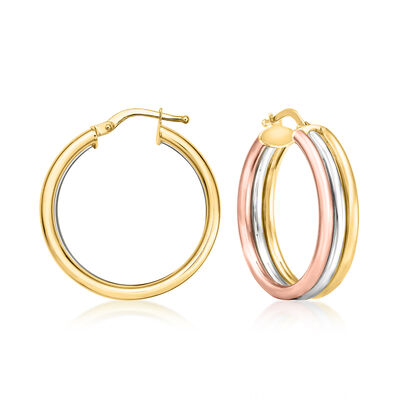 Italian 14kt Tri-Colored Gold Three-Row Hoop Earrings