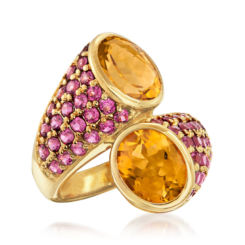 4.70 ct. t.w. Madeira Citrine and 2.40 ct. t.w. Rhodolite Garnet Bypass Ring in 18kt Gold Over Sterling image number 2