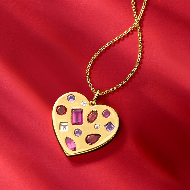 3.10 ct. t.w. Multi-Gemstone Heart Pendant Necklace in 18kt Gold Over Sterling. 18&quot; image number 3