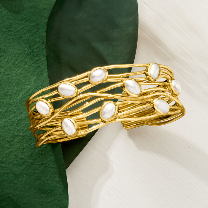 7x5mm Cultured Pearl Highway Cuff Bracelet in 18kt Gold Over Sterling image number 2