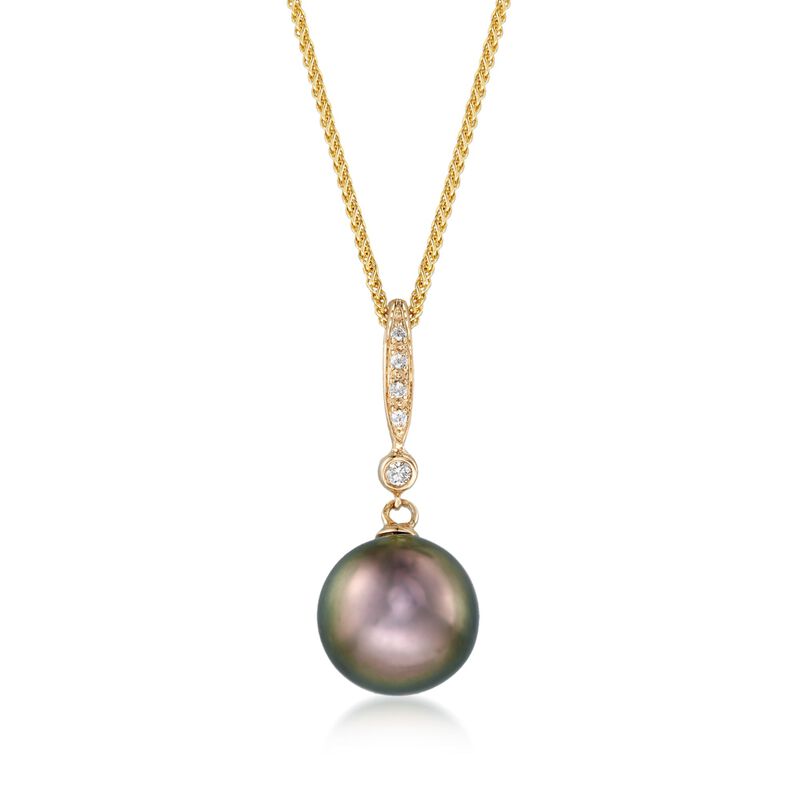 9.5mm Black Cultured Tahitian Pearl Pendant Necklace with Diamond Accents in 14kt Yellow Gold. 16&quot; image number 1