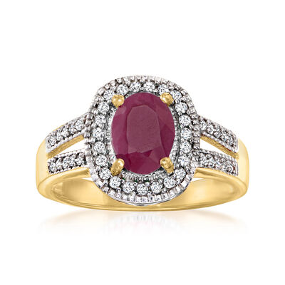 1.60 Carat Ruby and .30 ct. t.w. Diamond Halo Ring in 18kt Gold Over Sterling