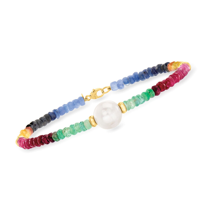 9-10mm Cultured Pearl and 22.00 ct. t.w. Multicolored Sapphire Bead Bracelet in 14kt Yellow Gold image number 0