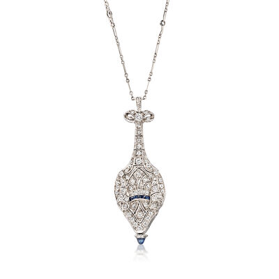 C. 1930 Vintage 1.06 ct. t.w. Diamond and .20 ct. t.w. Sapphire Watch Pendant Necklace in Platinum and 14kt White Gold