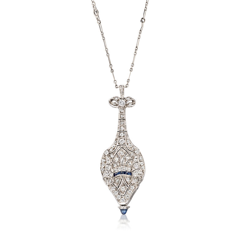 C. 1930 Vintage 1.06 ct. t.w. Diamond and .20 ct. t.w. Sapphire Watch Pendant Necklace in Platinum and 14kt White Gold. 20" image number 0