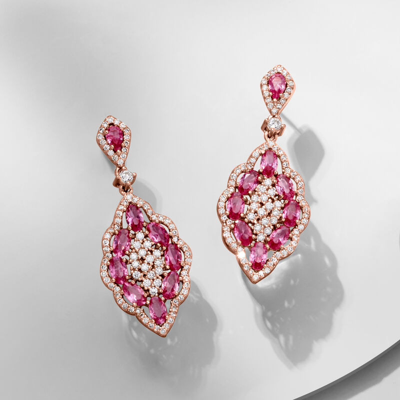 4.50 ct. t.w. Simulated Pink Sapphire and 2.05 ct. t.w. CZ Drop Earrings in 18kt Rose Gold Over Sterling  image number 3