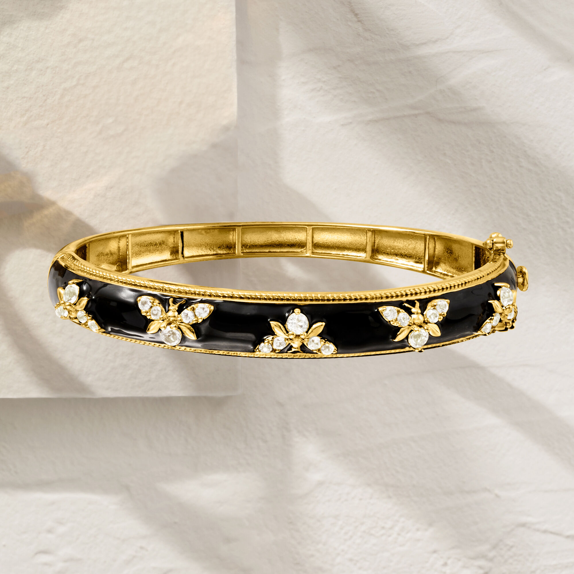 1.40 ct. t.w. White Topaz and Black Enamel Bumblebee Bangle