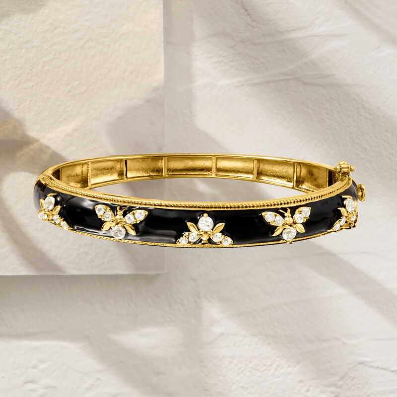 1.40 ct. t.w. White Topaz and Black Enamel Bumblebee Bangle Bracelet in 18kt Gold Over Sterling image number 5