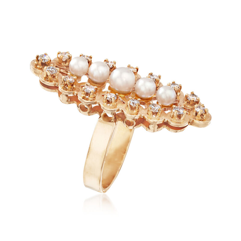 C. 1960 Vintage Cultured Pearl and .55 ct. t.w. Diamond Ring in 14kt Yellow Gold image number 2
