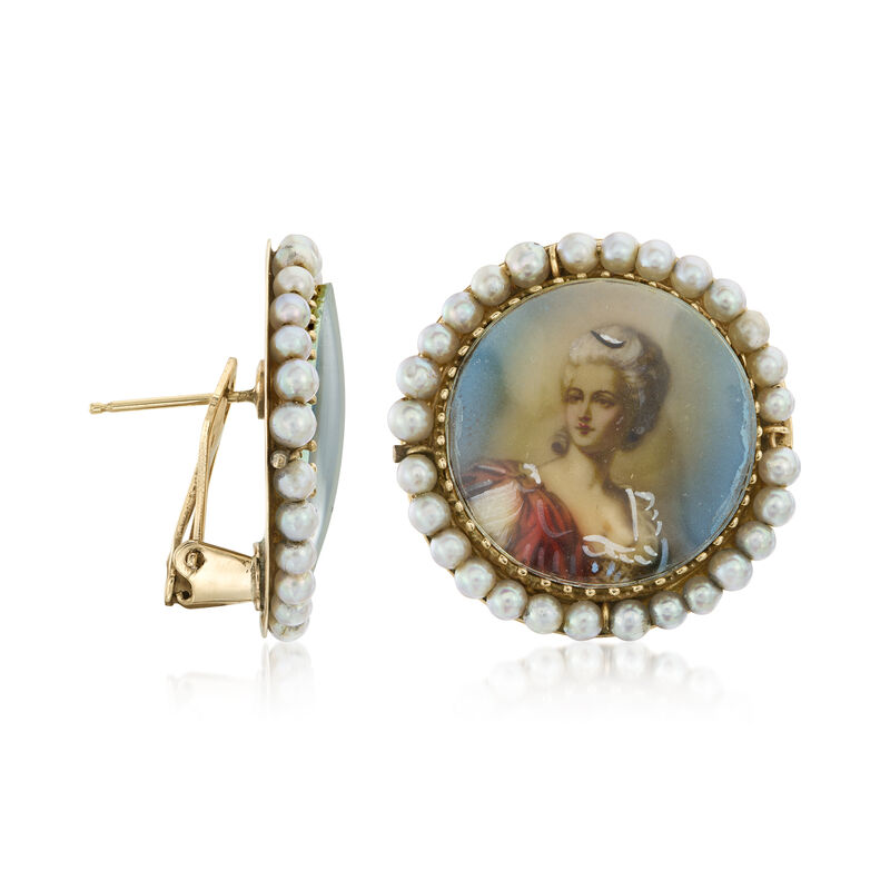 C. 1940 Vintage Portrait Earrings with Cultured Pearls in 10kt Yellow Gold image number 2