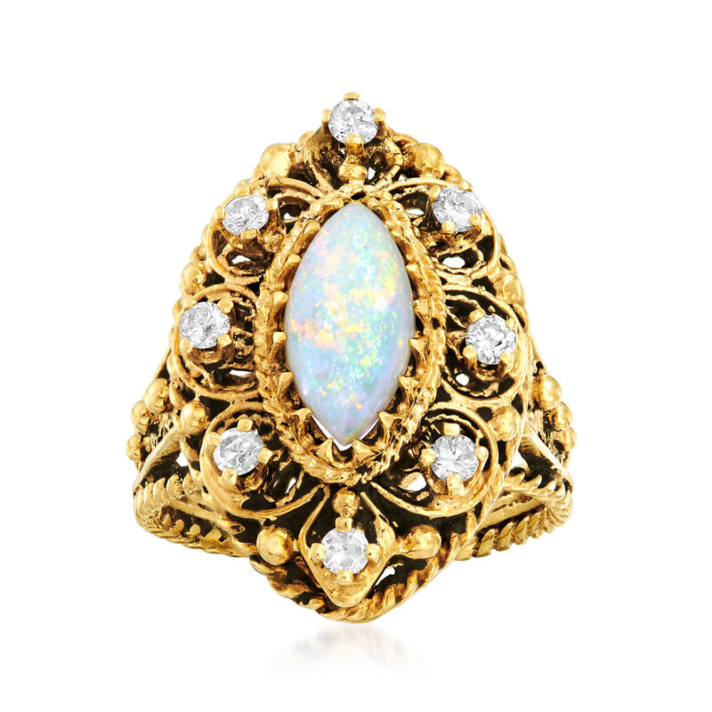 C. 1970 Vintage Opal and .45 ct. t.w. Diamond Marquise-Shaped Ring in 10kt Yellow Gold image number 0