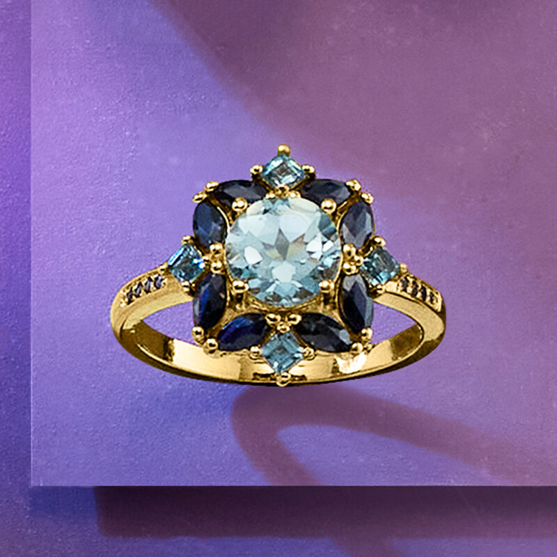 1.50 Carat Sky Blue Topaz, .68 ct. t.w. Sapphire and .30 ct. t.w. London Blue Topaz Ring in 18kt Gold Over Sterling. Size 6 image number 4