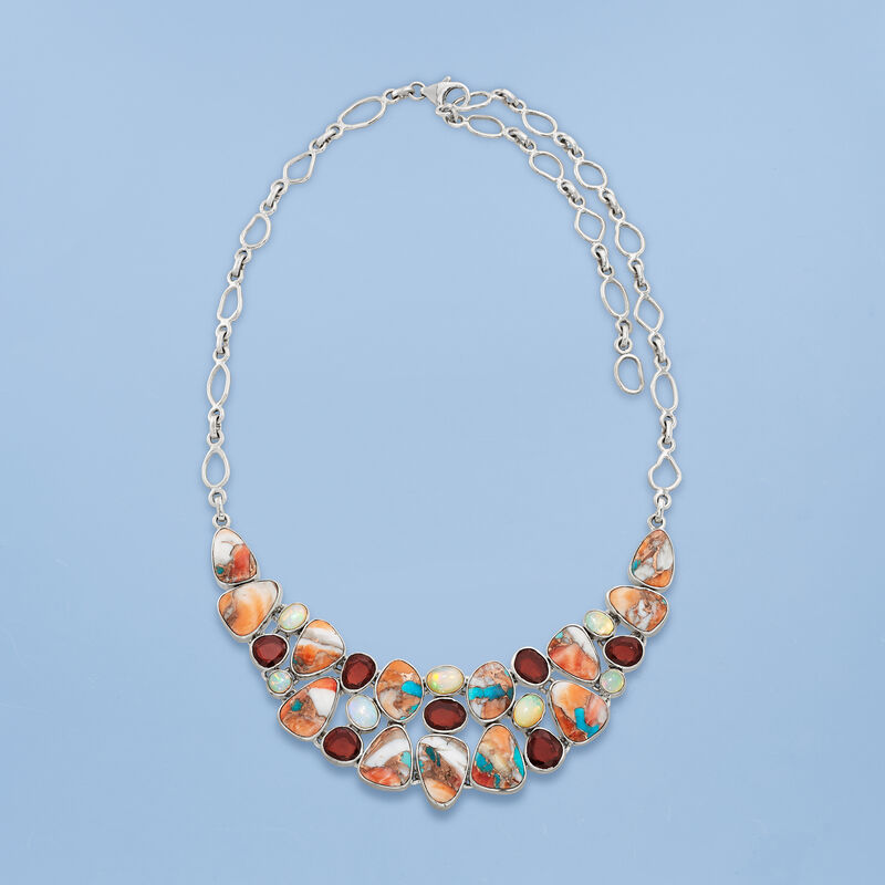 72.90 ct. t.w. Opal, Turquoise and Garnet Statement Necklace in Sterling Silver image number 2
