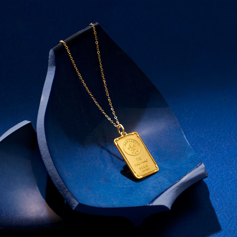 Italian 24kt Yellow Gold Fleur-De-Lis Five-Gram Ingot Pendant Necklace with 14kt Gold Frame image number 2