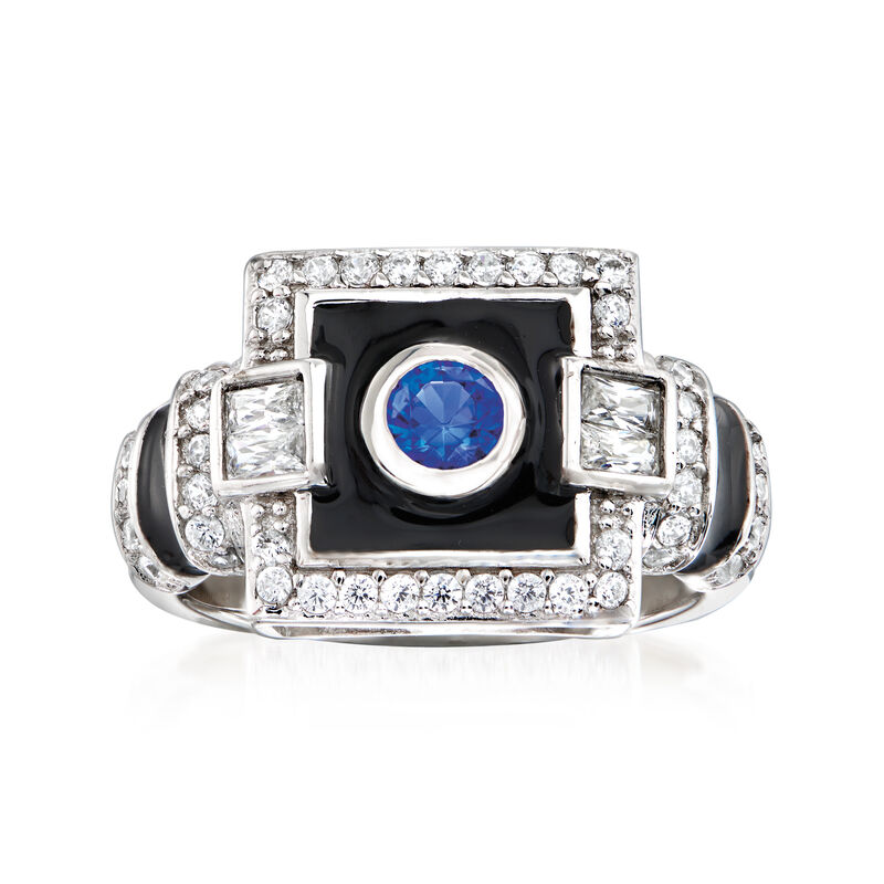 .20 Carat Simulated Sapphire and .60 ct. t.w. CZ Art Deco-Style Ring with Black Enamel in Sterling Silver image number 0