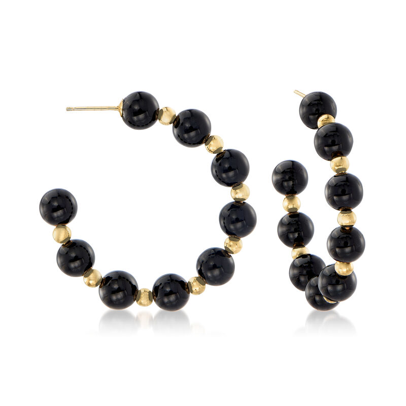 Onyx Bead C-Hoop Earrings in 14kt Yellow Gold. 1 1/4&quot; image number 0