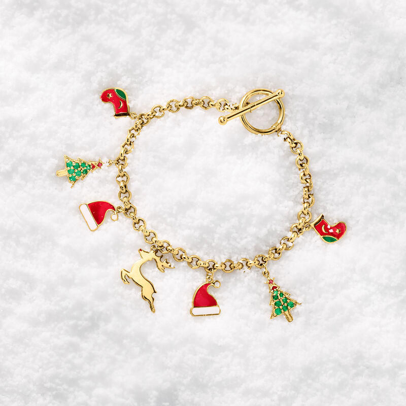 .24 ct. t.w. Multi-Gemstone Christmas Charm Toggle Bracelet with Multicolored Enamel in 18kt Gold Over Sterling image number 3