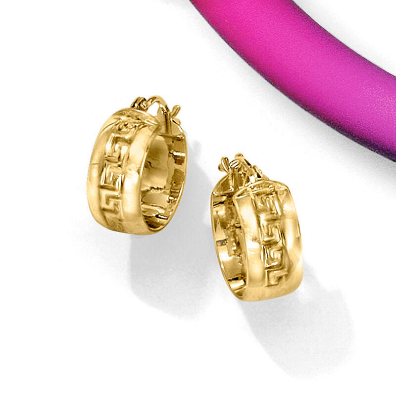 Italian Greek Key Huggie Hoop Earrings in 14kt Yellow Gold. 1/2&quot; image number 2