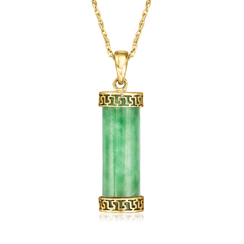 C. 1980 Vintage Jade Cylinder Pendant Necklace in 14kt Yellow Gold image number 0