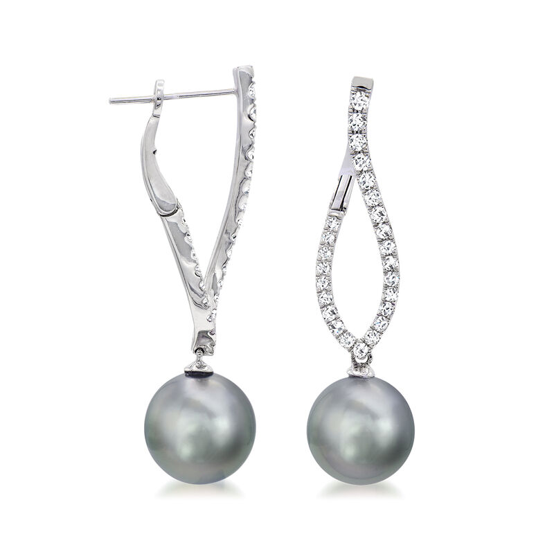 10-11mm Black Cultured Tahitian Pearl Open-Curve Drop Earrings with .70 ct. t.w. Diamonds in 18kt White Gold image number 1