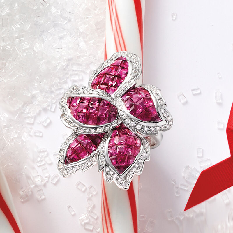 5.20 ct. t.w. Ruby and .60 ct. t.w. Diamond Leaf Ring in 18kt White Gold image number 4