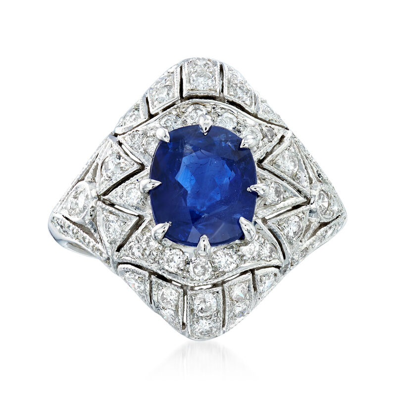 C. 1990 Vintage 2.28 Carat Sapphire and 1.25 ct. t.w. Diamond Filigree Ring in 18kt White Gold image number 0