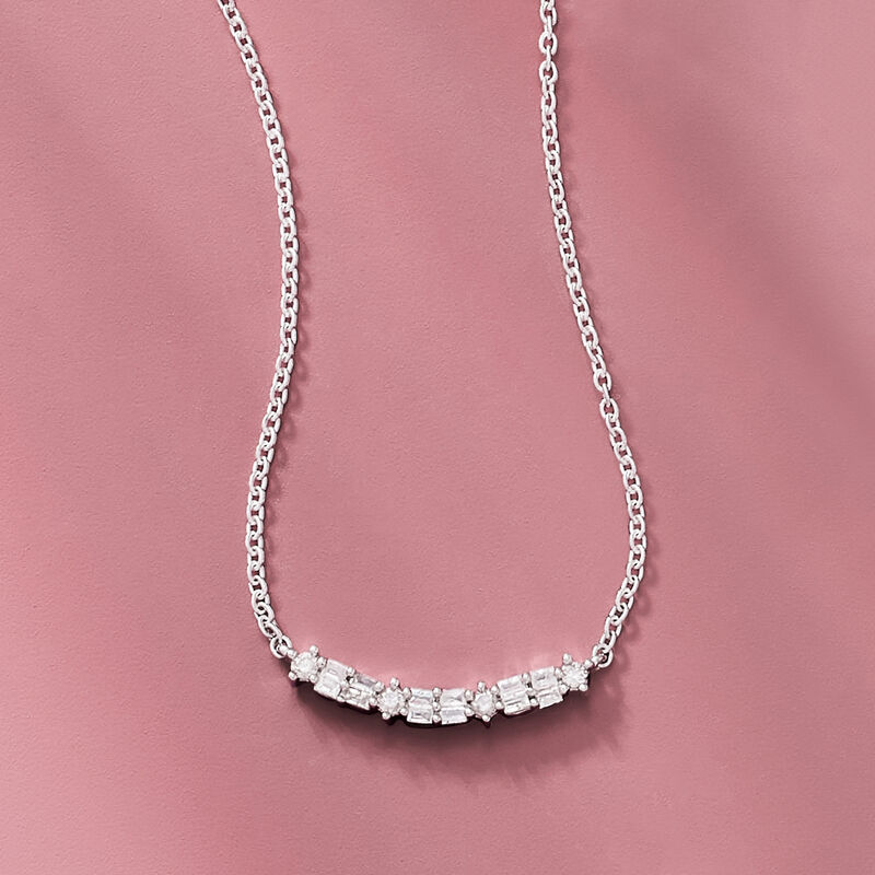 .15 ct. t.w. Round and Baguette Diamond Curved Bar Necklace in Sterling Silver. 18" image number 2
