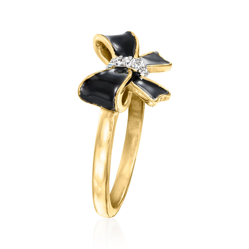 Black Enamel Bow Ring with Diamonds in 18kt Gold Over Sterling image number 2