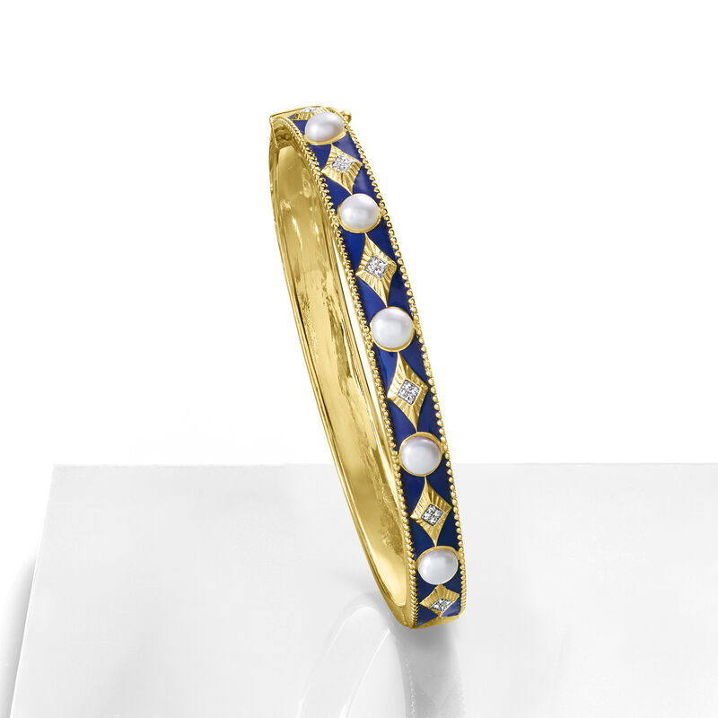 4.5-5mm Cultured Pearl Bangle Bracelet with Diamonds and Blue Enamel in 18kt Gold Over Sterling image number 3