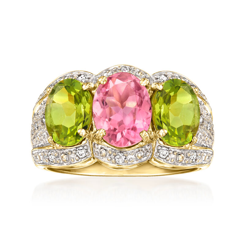 C. 2000 Vintage 4.65 ct. t.w. Pink and Green Tourmaline Ring with .25 ct. t.w. Diamonds in 14kt Yellow Gold. Size 6 image number 0