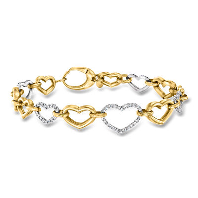 C. 1990 Vintage .91 ct. t.w. Diamond Heart-Link Bracelet in 18kt Two-Tone Gold