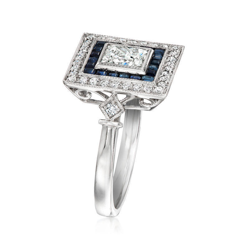 C. 2020 Vintage .93 ct. t.w. Diamond and .59 ct. t.w. Sapphire Square Ring in Platinum. Size 6 image number 2