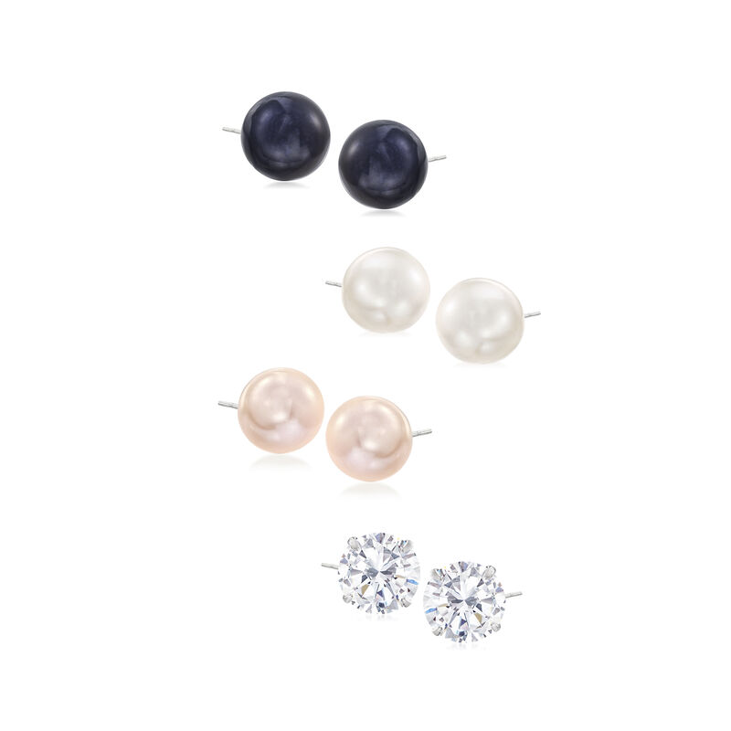 9-9.5mm Multicolored Cultured Pearl and 3.80 ct. t.w. CZ Jewelry Set: Four Pairs of Stud Earrings in Sterling Silver image number 0
